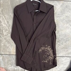 7 Diamonds Brown Casual Button Down Shirt with Embroidery